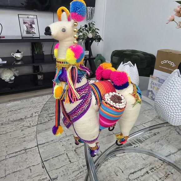 Decorative Peruvian Llama Candy Holder 15" Handmade Alpaca Doll Colorful Yarn - Picture 2 of 13